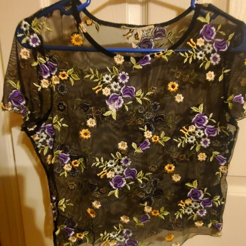 Sheer Crop Top - Violet Floral/Black - Size M